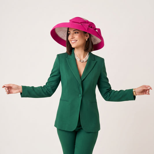 Model wearing natural sinamay hat featuring a vibrant fuchsia Dupioni silk bow and brim binding.