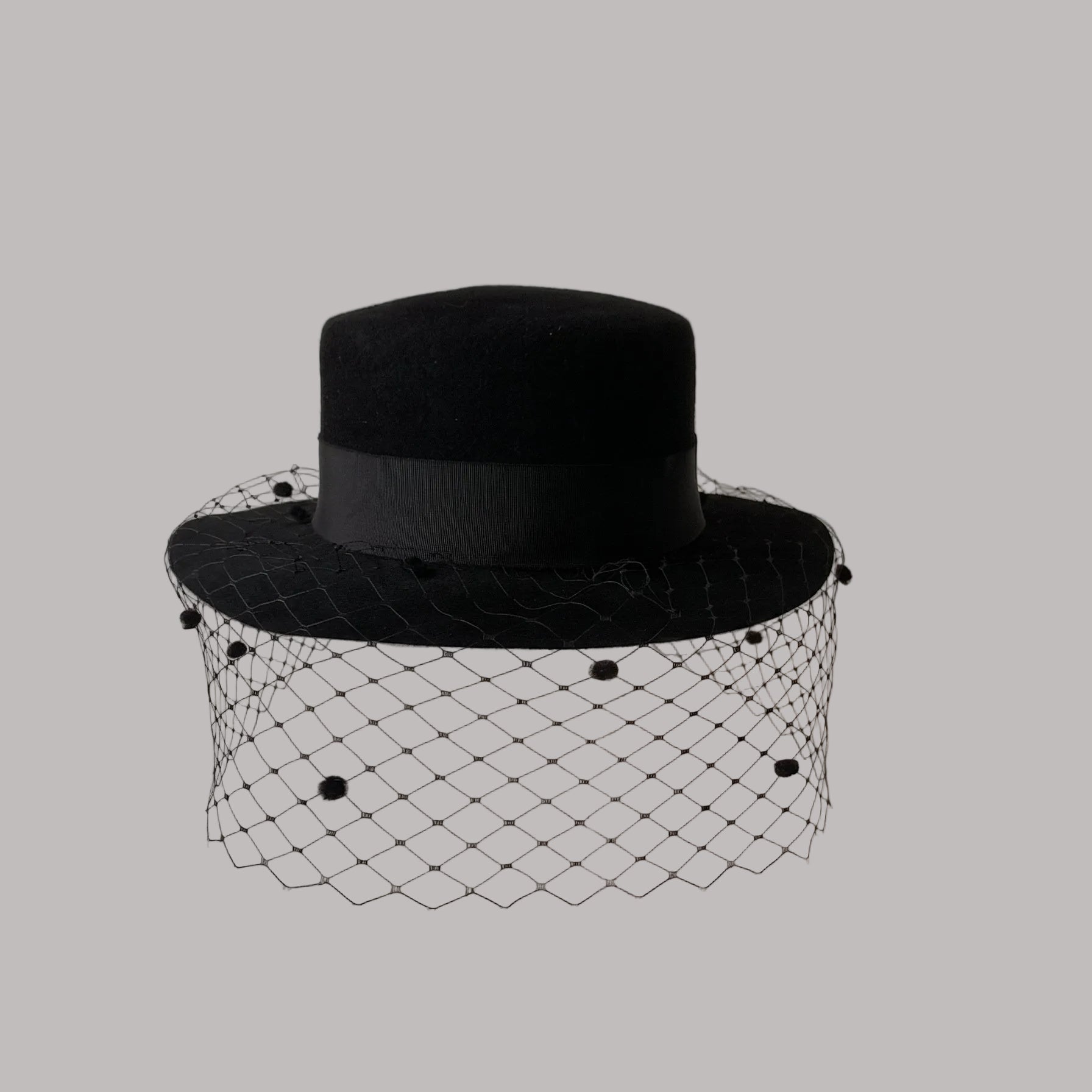 Fur felt boater hat with detachable veil