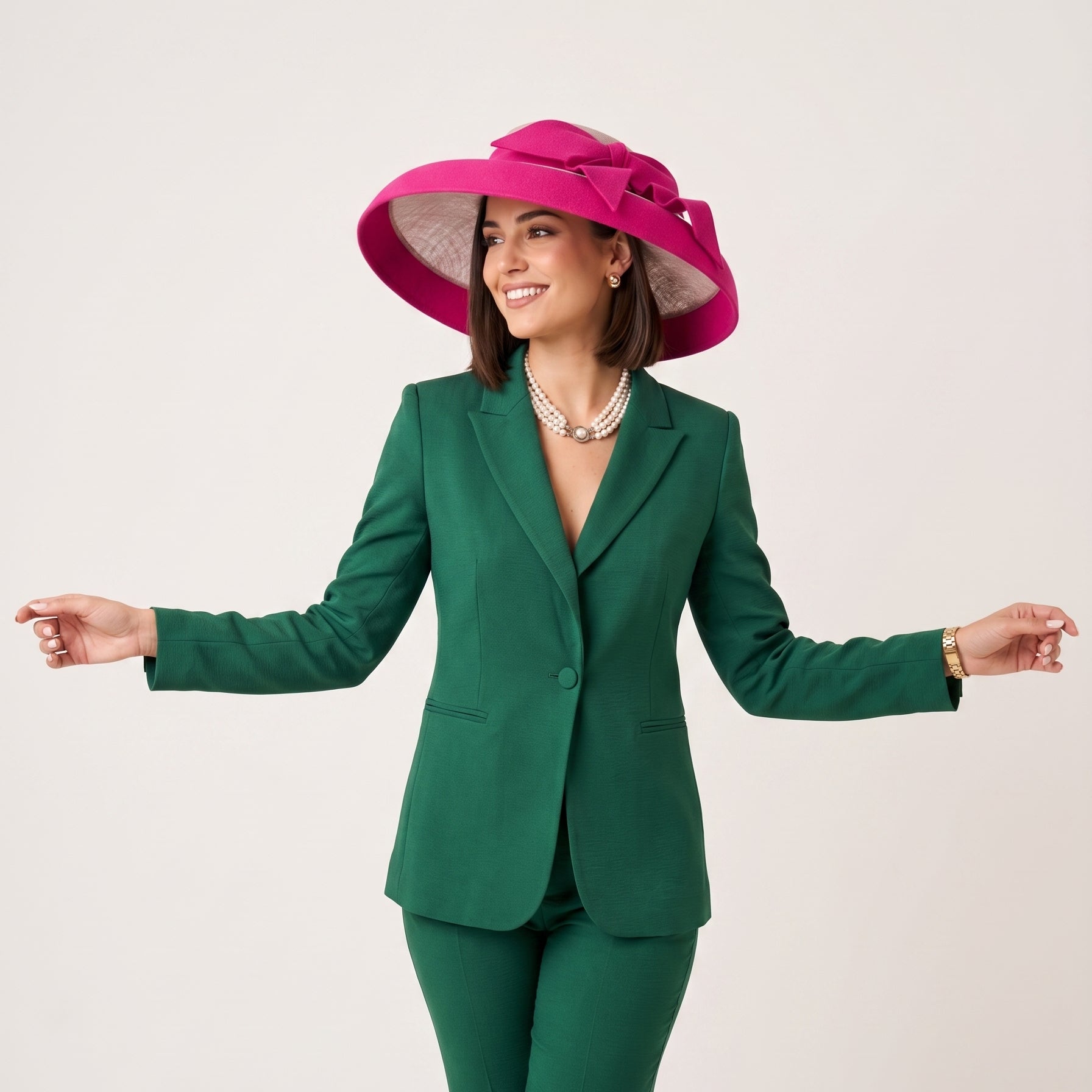 Model wearing natural sinamay hat featuring a vibrant fuchsia Dupioni silk bow and brim binding.